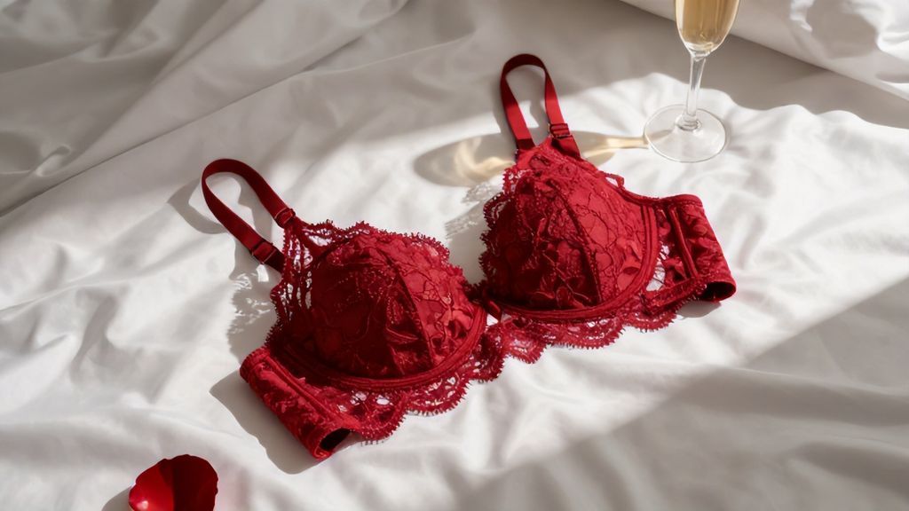 Красное кружевное белье на белом шелке в лучах солнца