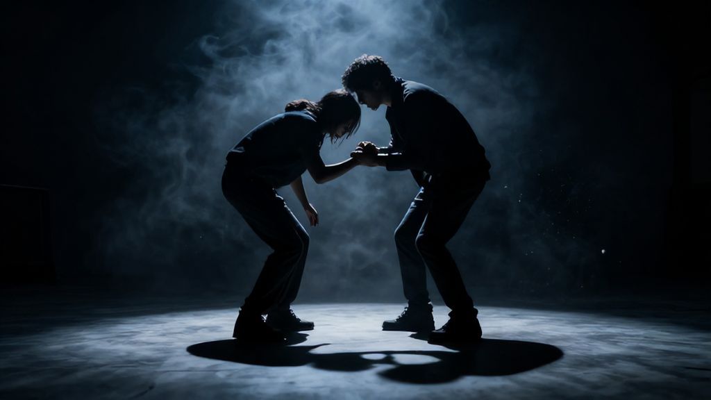 Драматический конфликт между двумя людьми в темной комнате символизирующий агрессию во сне