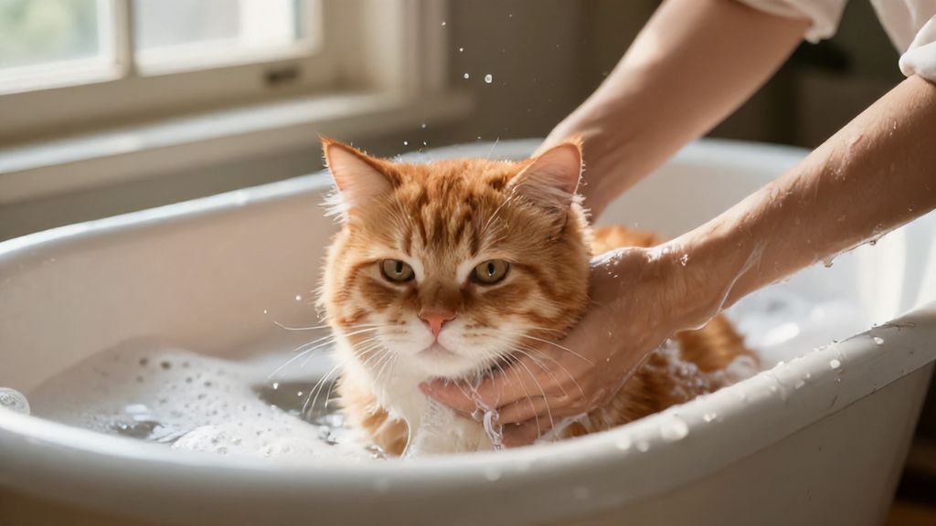 Процесс мытья рыжего кота в ванне с пеной и солнечными бликами
