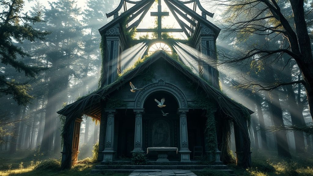 Руины заброшенной церкви в лесу с мистическим светом