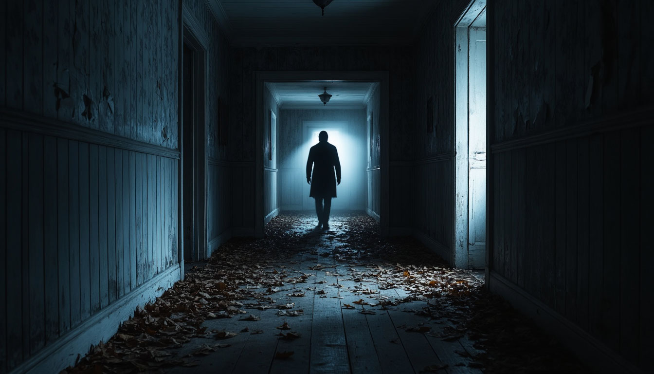 Тень призрака в коридоре заброшенного деревянного дома