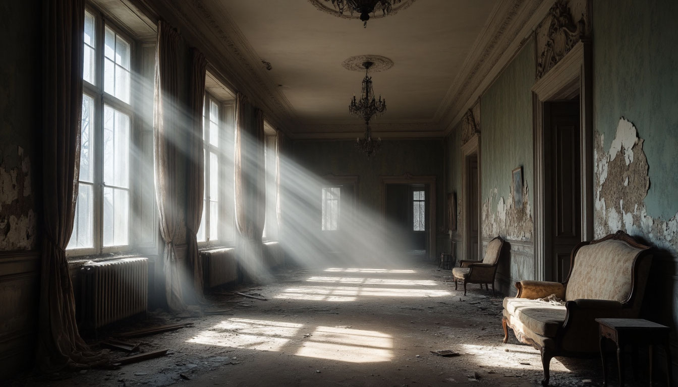Заброшенный особняк с мистическим туманом и старой мебелью