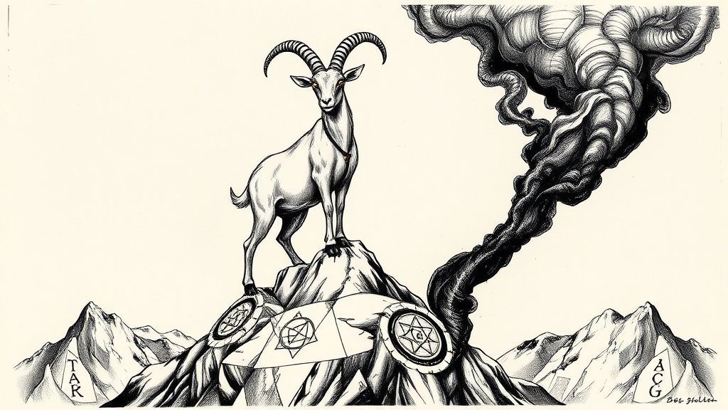 Символическое изображение козла Азазеля с мистическими знаками на скалах