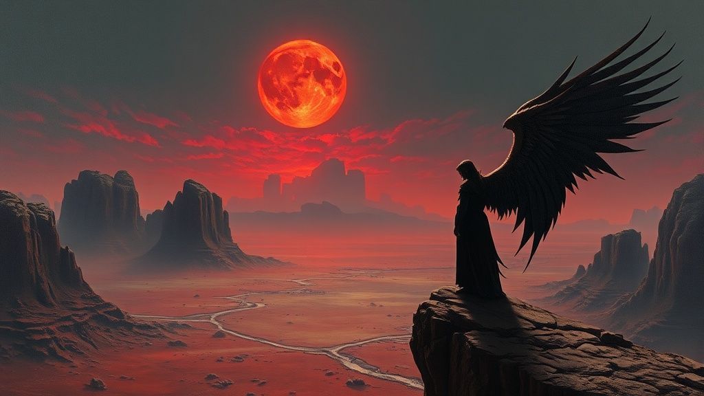 Падший ангел Азазель в пустыне под лунным светом