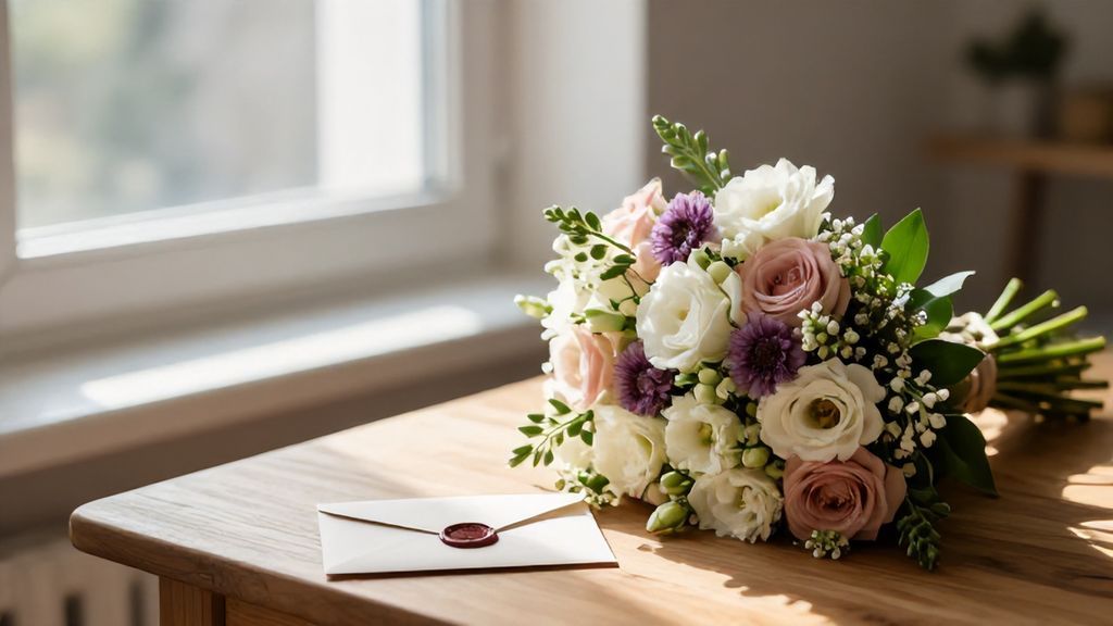 Подарочный конверт и цветы в лучах утреннего солнца