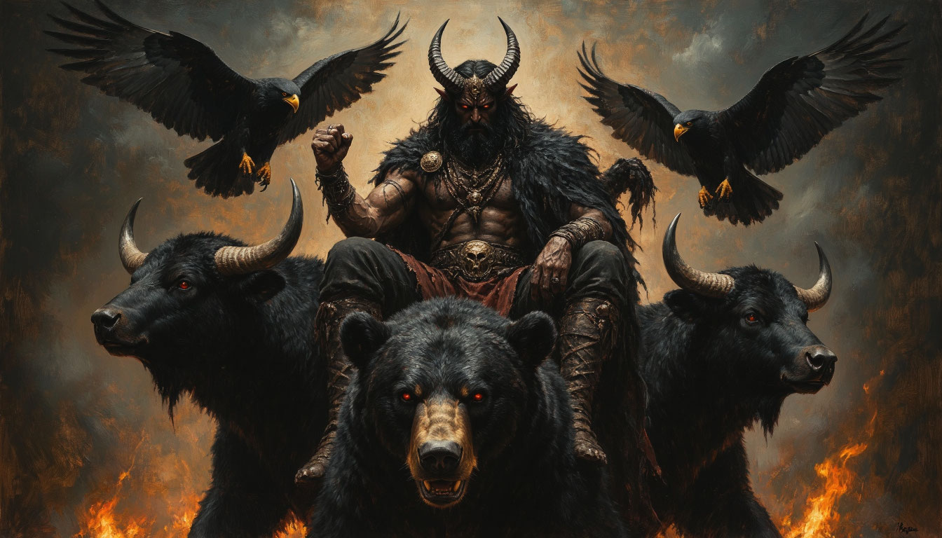 Демонический всадник на медведе в ночном лесу