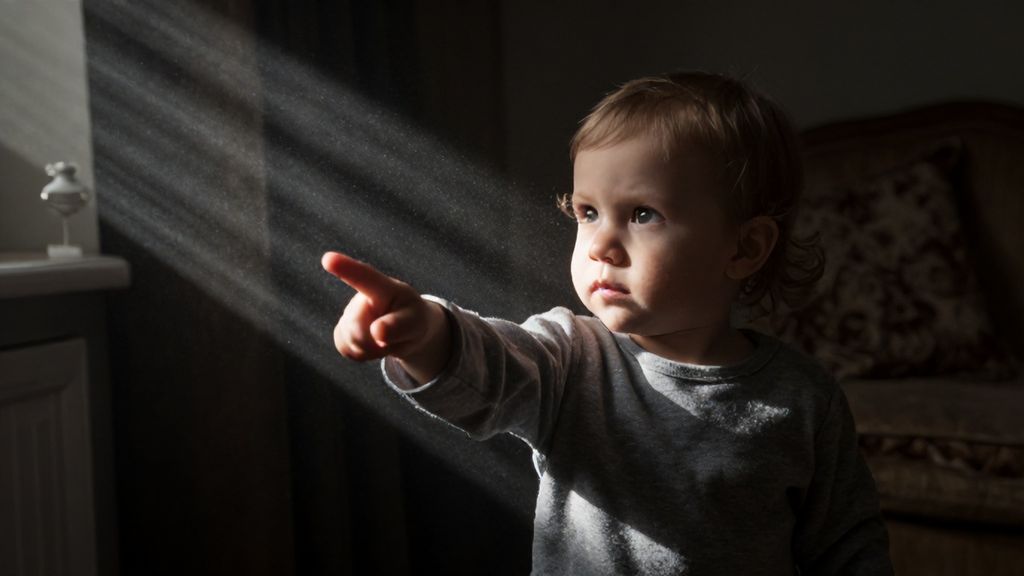 Малыш указывает на пустой угол старой комнаты