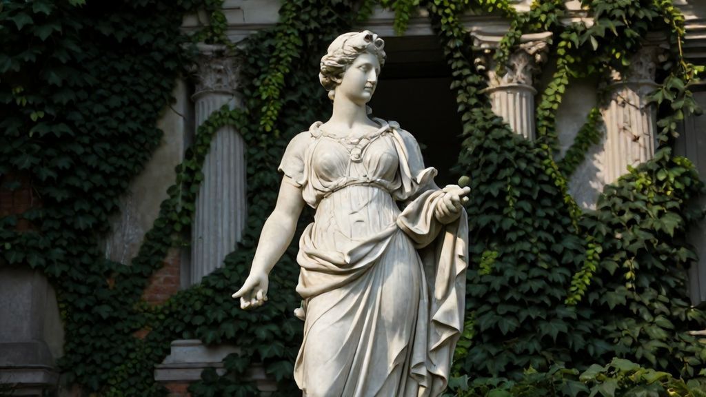 Мраморная статуя Астреи среди античных руин