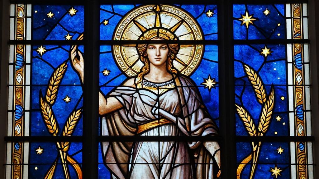 Стилизованное изображение Астреи в виде витража с небесной символикой