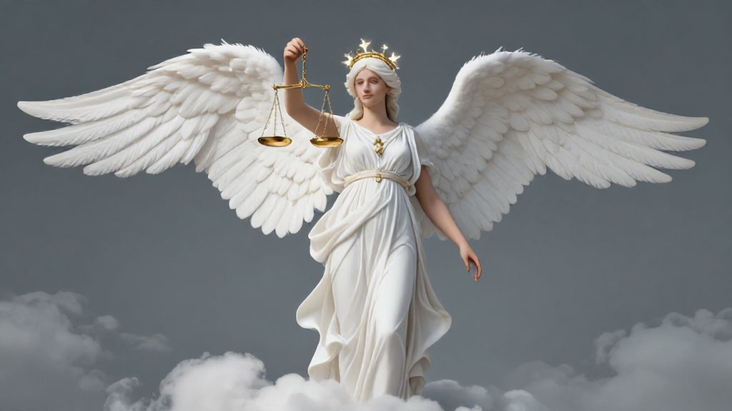 Богиня Астрея с золотыми весами на фоне неба