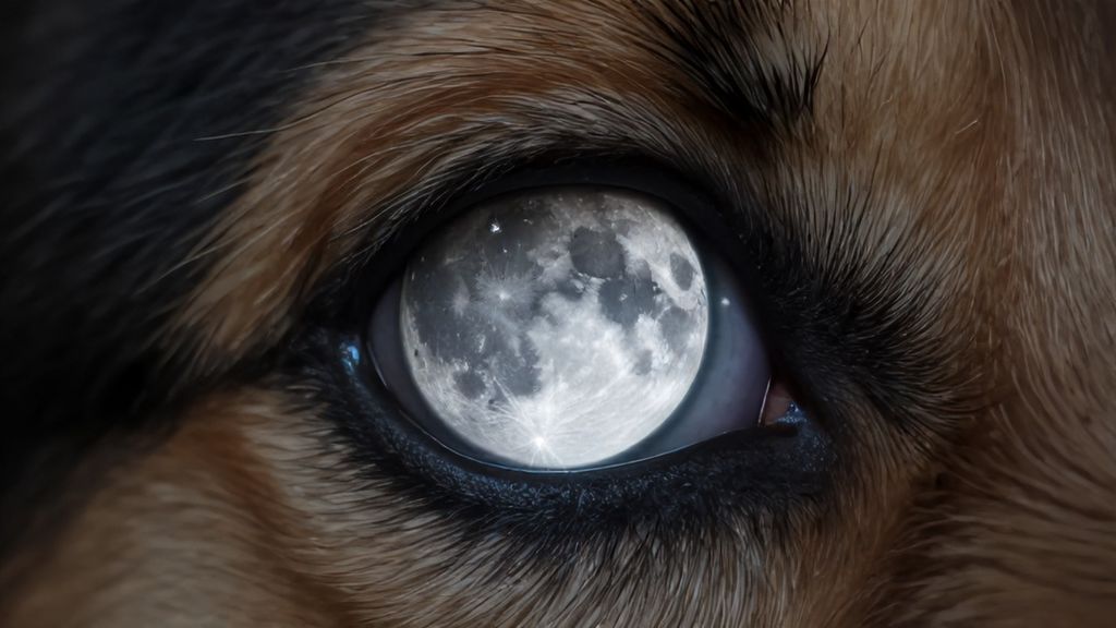 Отражение полной луны в глазу собаки крупным планом