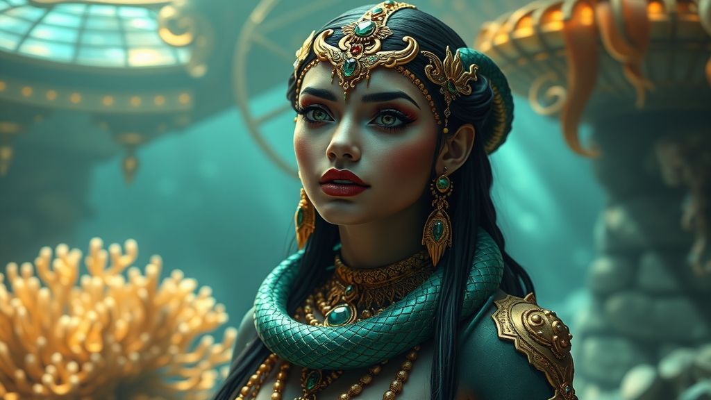 Принцесса нагов в подводном царстве с украшениями из изумрудов
