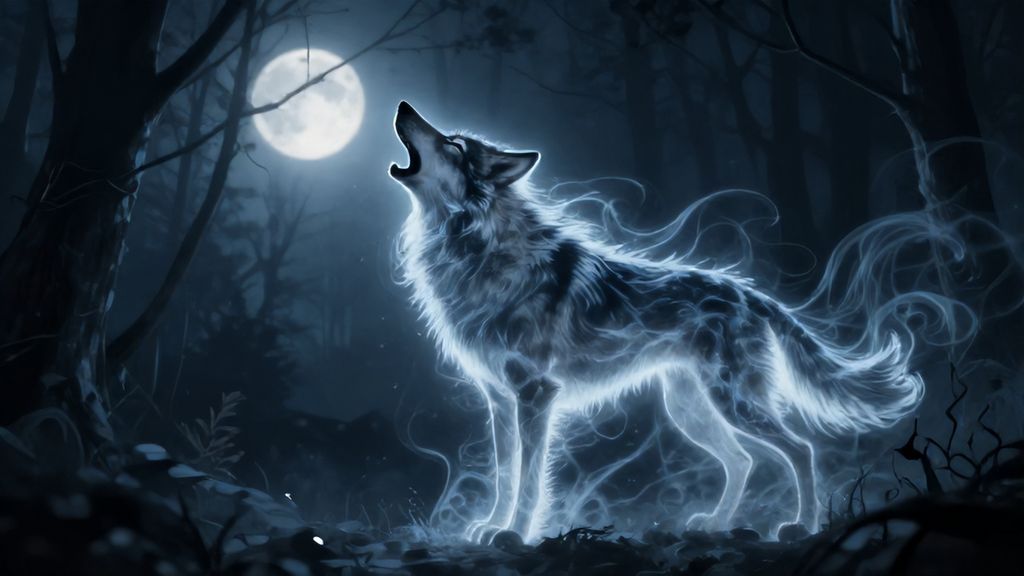 Мистический дух волка выходящий из воя домашней собаки под луной