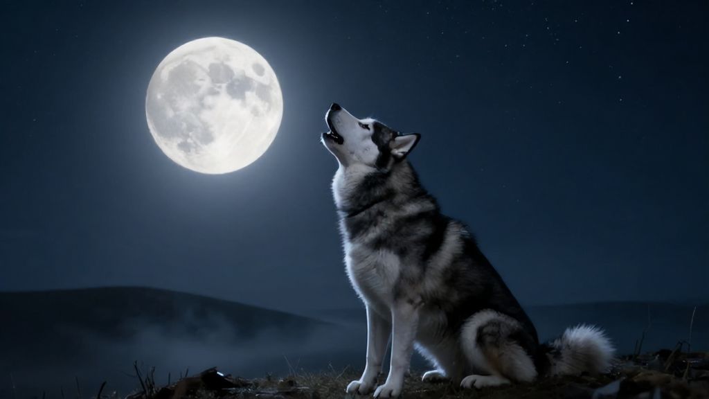 Хаски воет на большую полную луну ночью в тумане