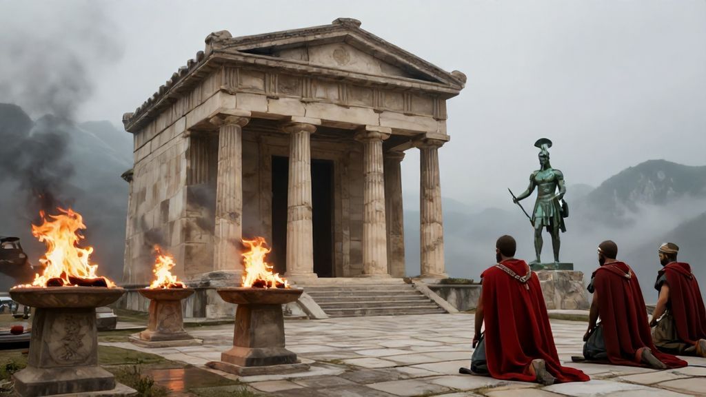 Храм Ареса в древней Спарте с воинами