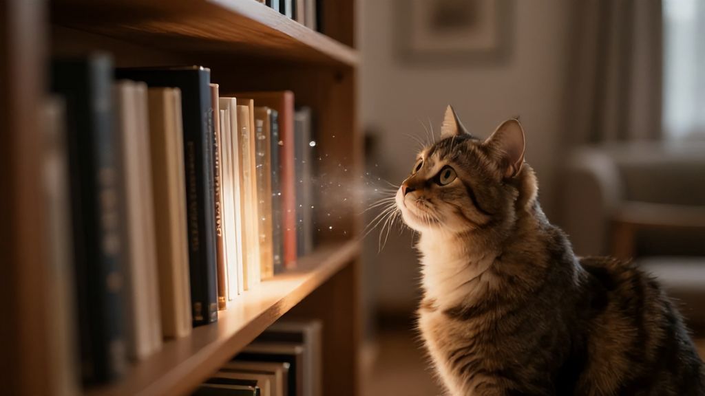 Кошка смотрит на полку в уютной комнате с мерцающими искрами