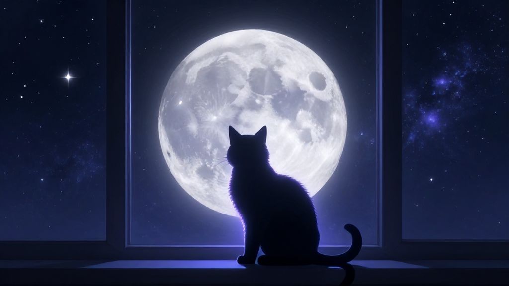 Силуэт кошки на окне под полной луной в мистическом сиянии