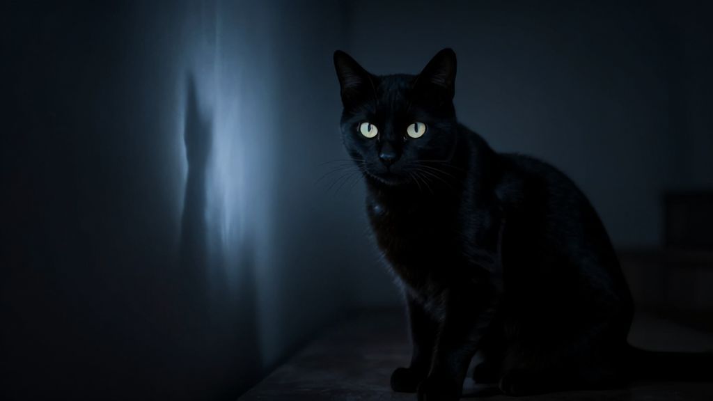 Кошка с горящими глазами смотрит на призрачную тень в углу комнаты