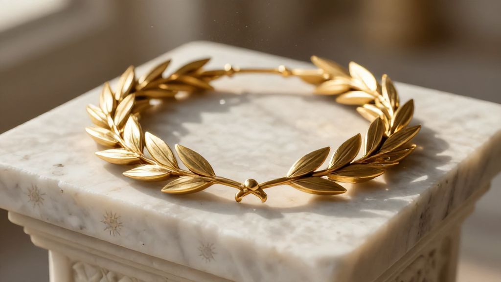 Золотой лавровый венец Аполлона на античном постаменте