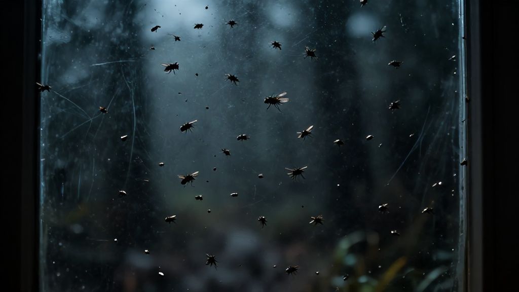 Скопление мух на стекле в темном помещении