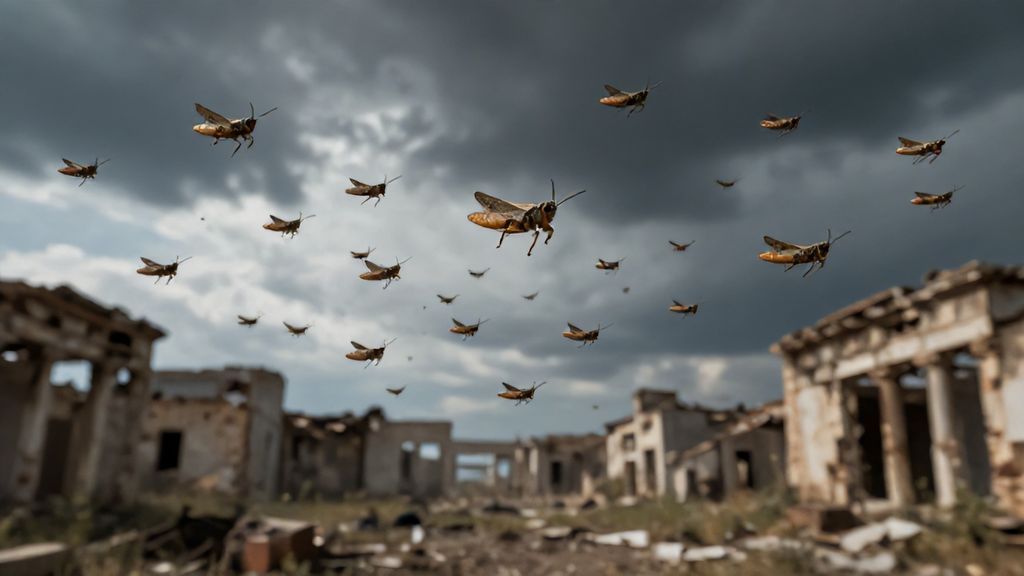 Массовое нашествие саранчи над древним городом