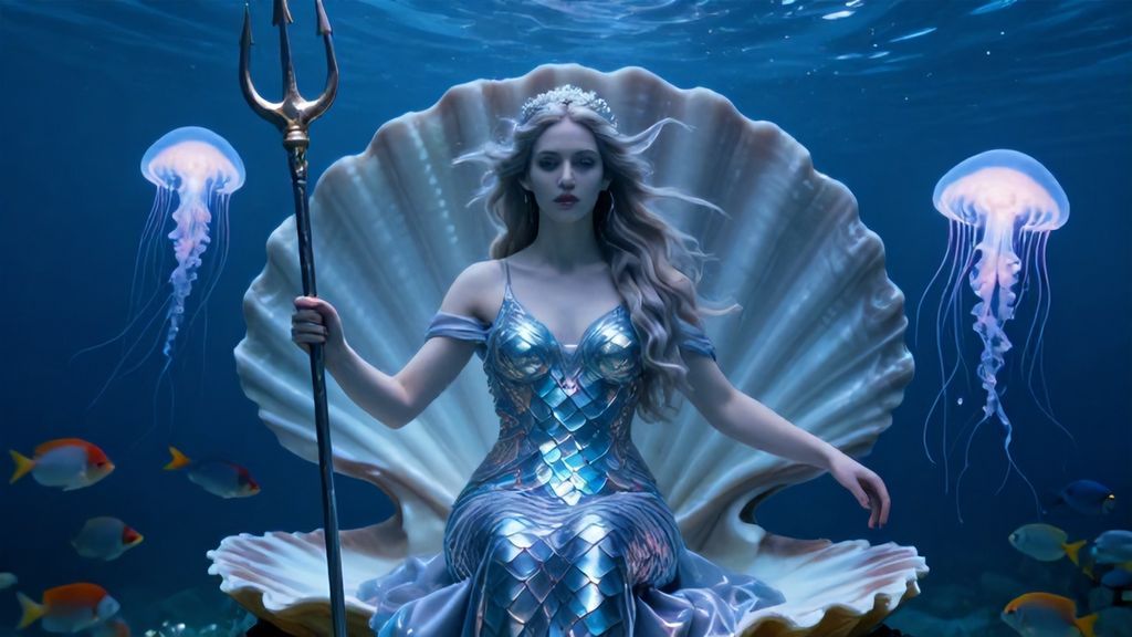 Богиня Амфитрита на троне из раковины в окружении медуз и рыб