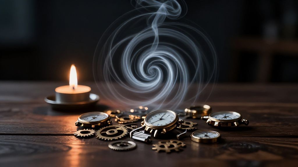 Детали часов и дым от свечи как символ ускользающего времени