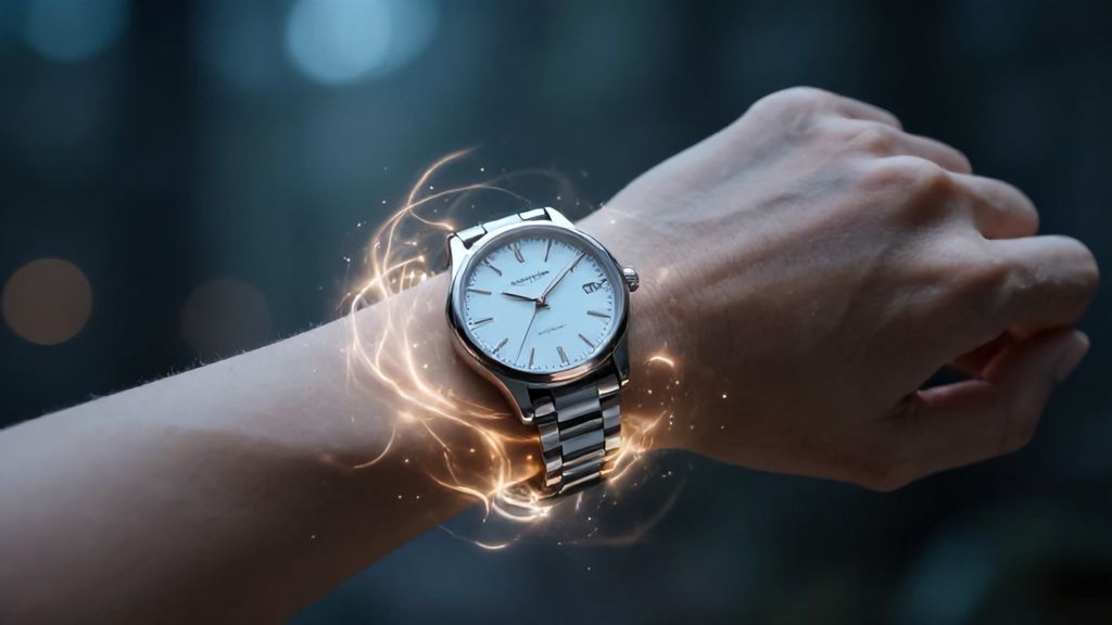 Наручные часы на руке в окружении мистической энергии