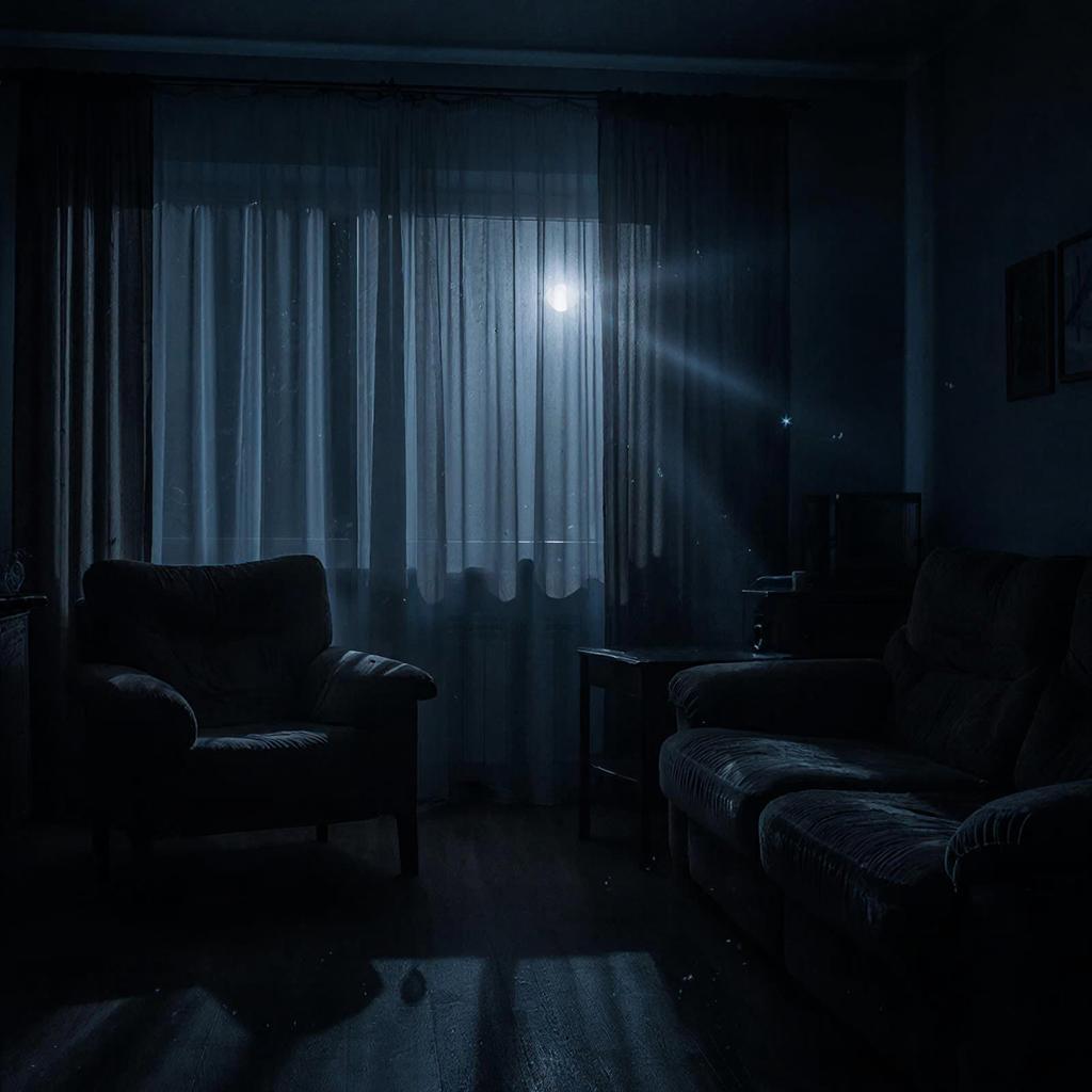 Ночная комната с деревянной мебелью в лунном свете