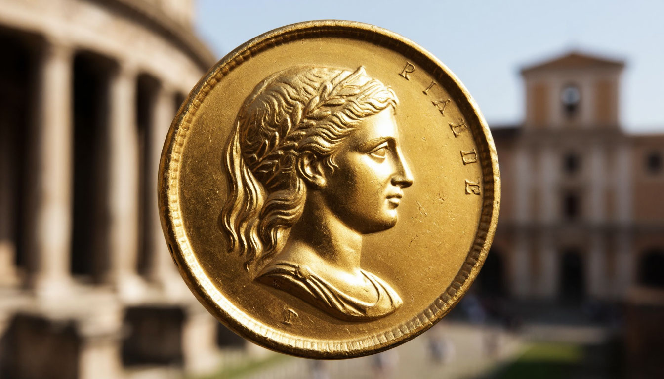 Римская золотая монета с изображением богини Салус