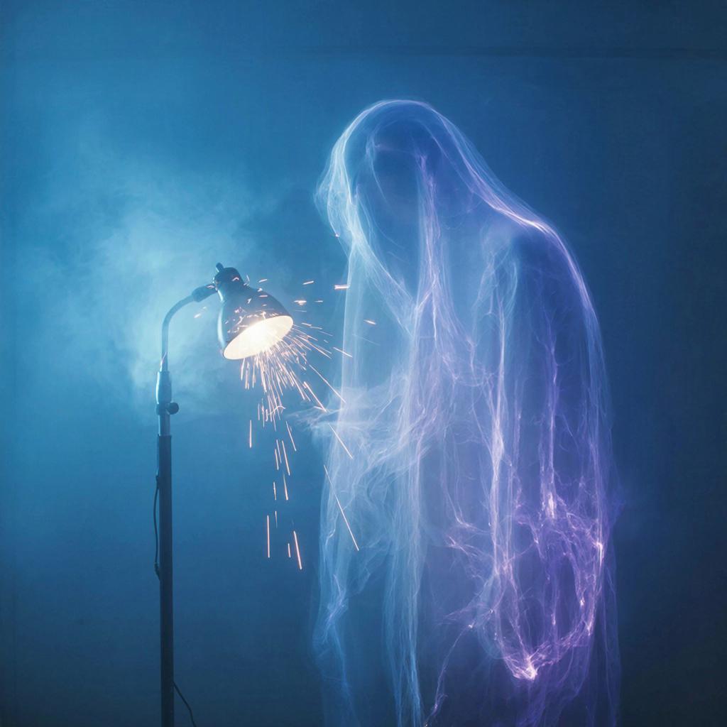 Энергетическое свечение рядом с лампой в темной комнате