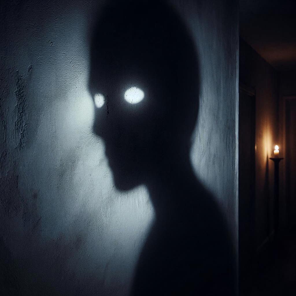 Мистическая тень с горящими глазами на стене
