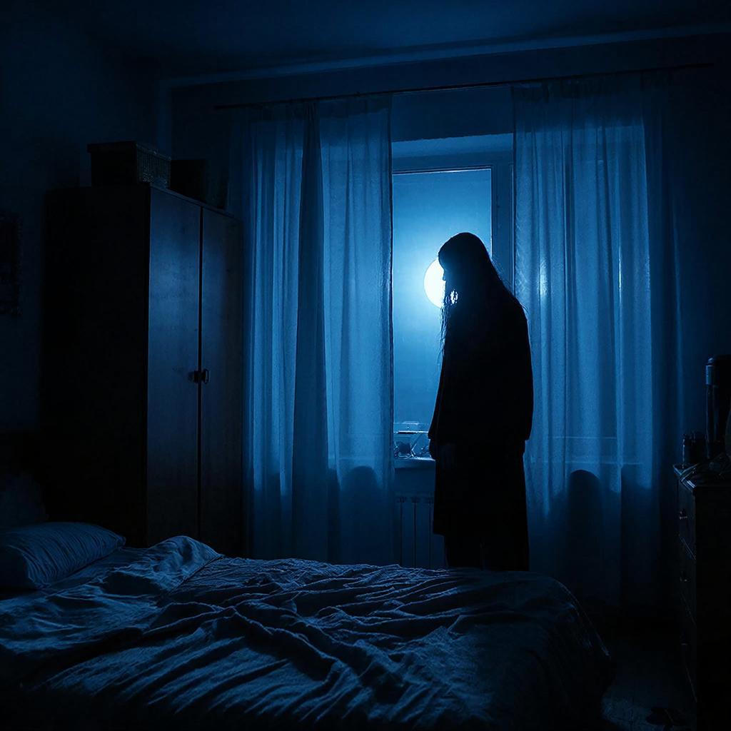 Темный силуэт человека в углу ночной спальни