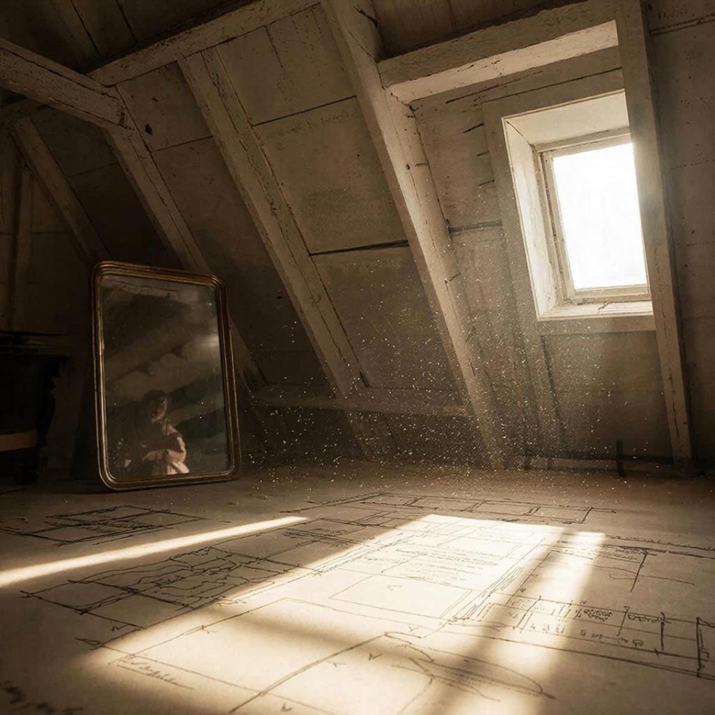 Отражение призрака в старинном зеркале на чердаке