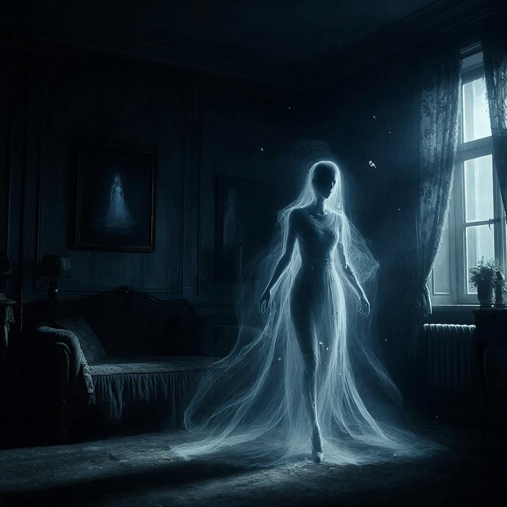 Призрак женщины в интерьере старого дома ночью
