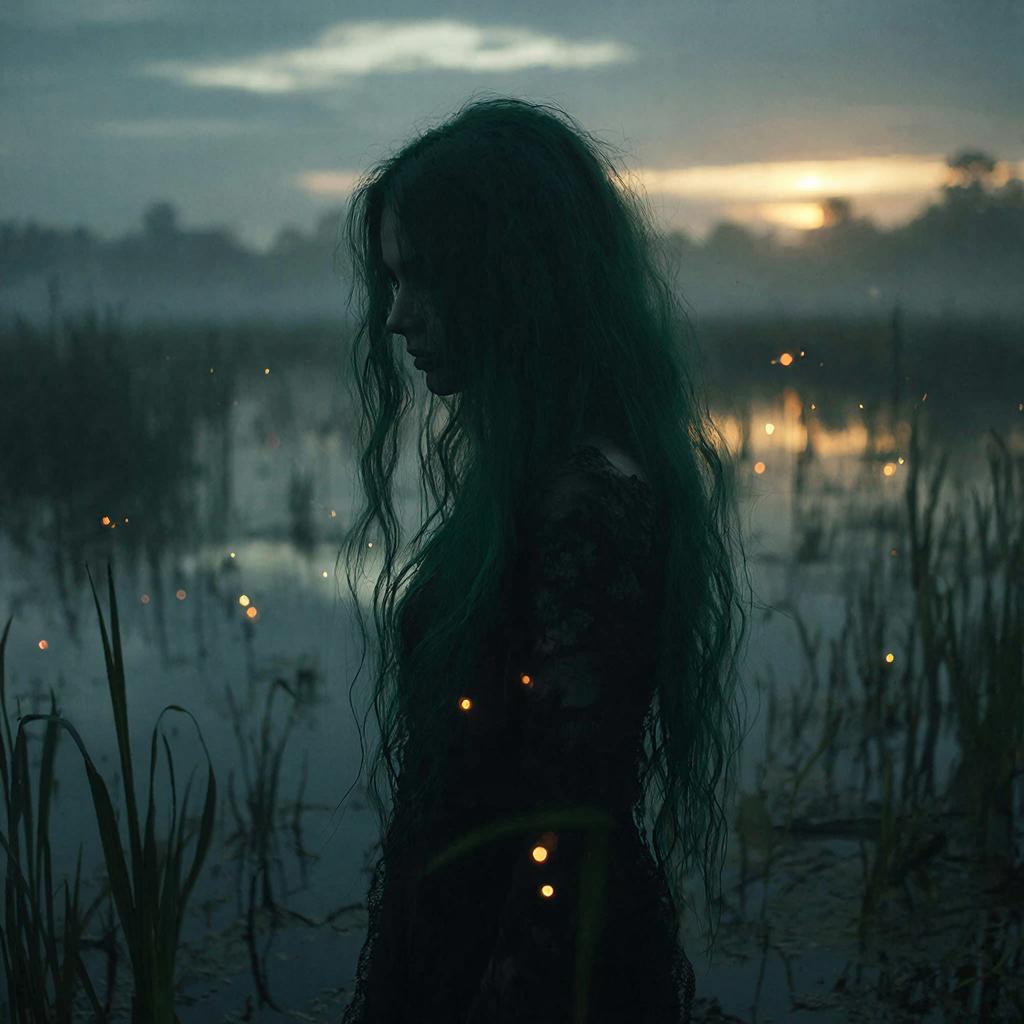 Болотная кикимора среди тумана и огней