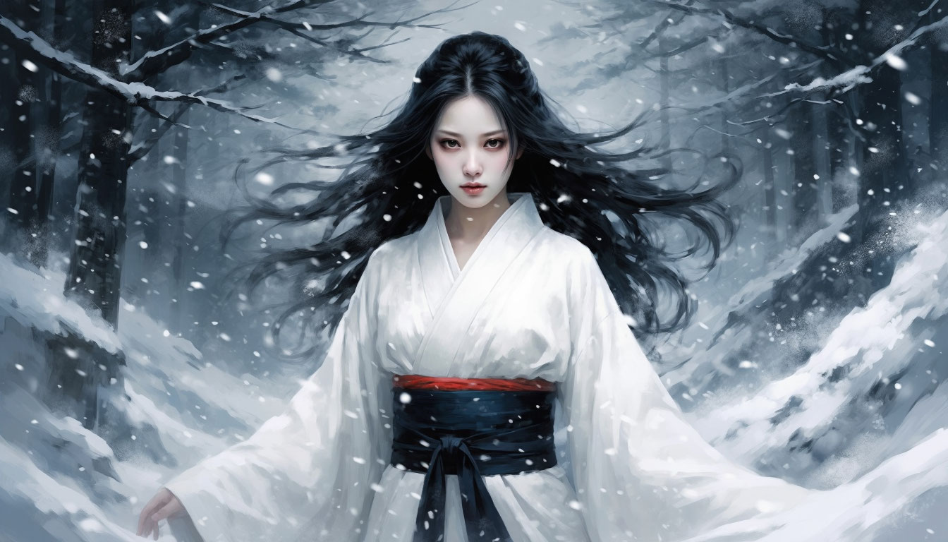 Призрак Юки-онна в белом кимоно посреди снежной бури.