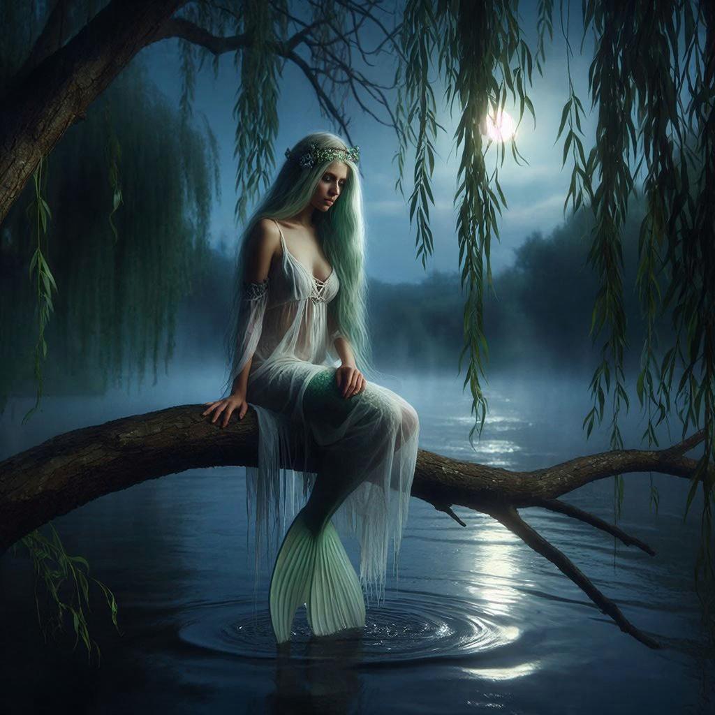 Славянская русалка на ветвях ивы у ночной реки
