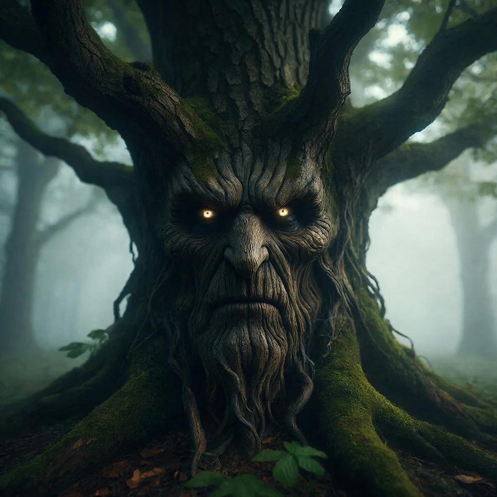 Облик лешего среди вековых деревьев в тумане