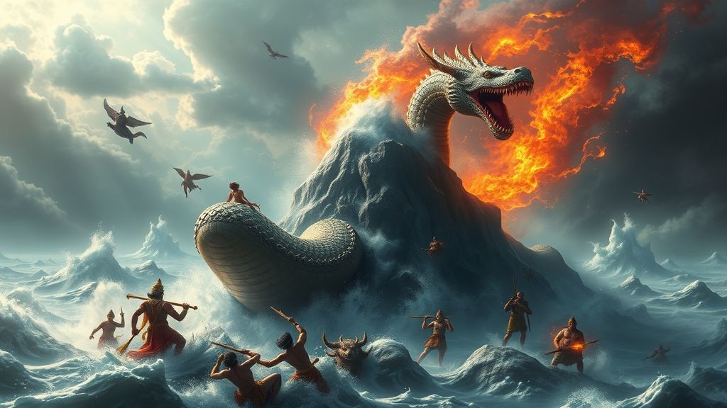 Мифологический сюжет пахтанья океана с использованием тела змея Васуки