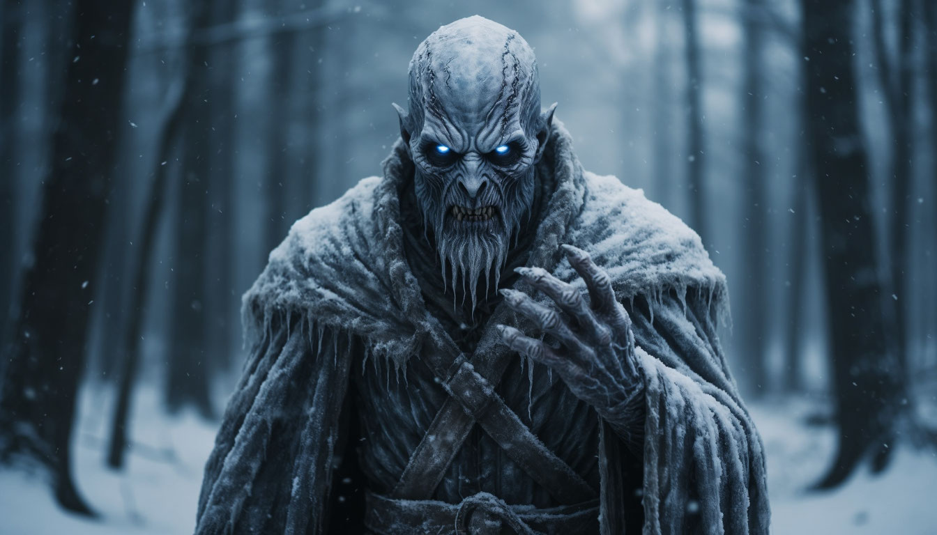 Зимний демон с ледяной кожей в ночном заснеженном лесу.