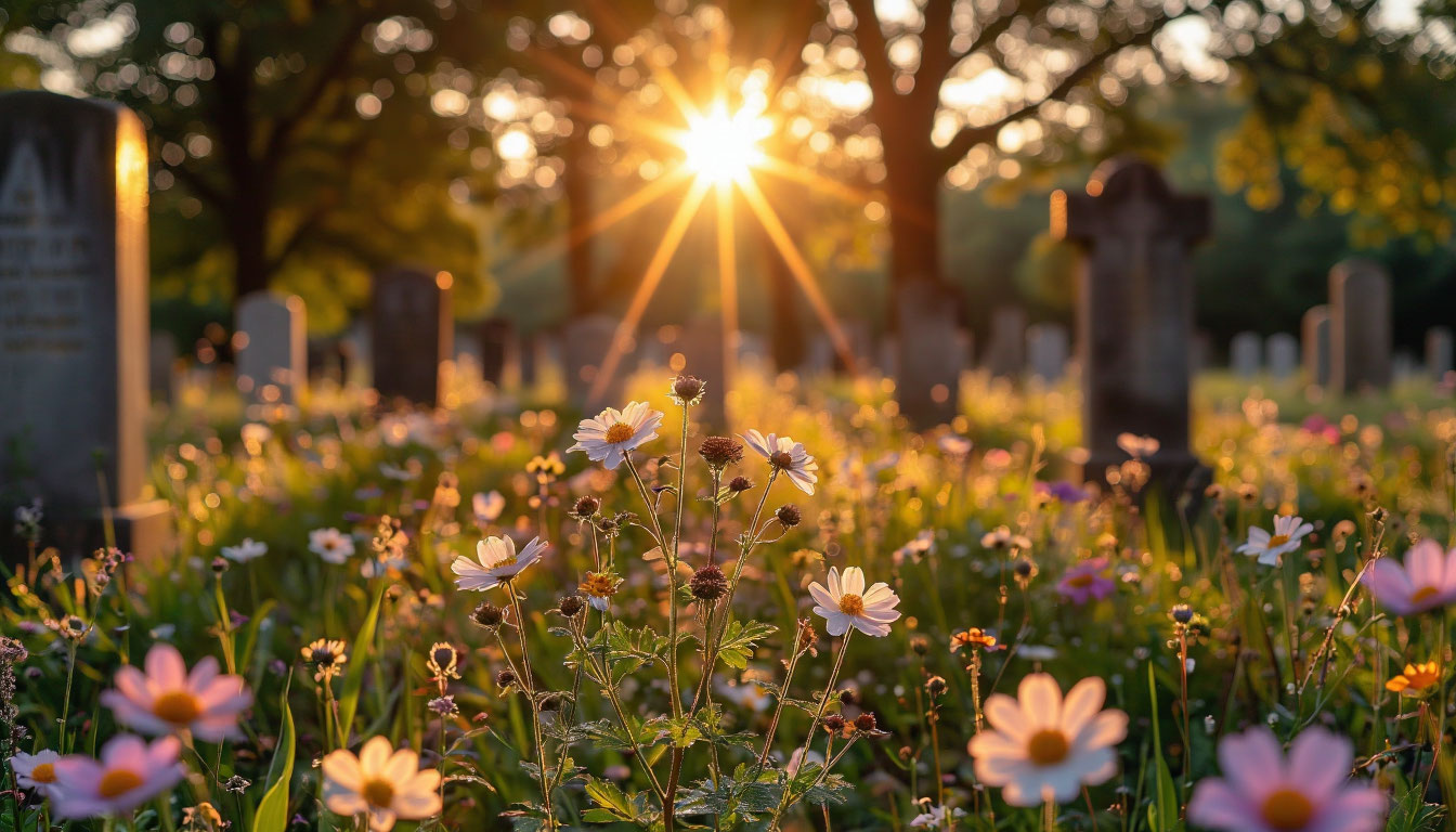 Утренняя роса на цветах у могилы как символ возрождения