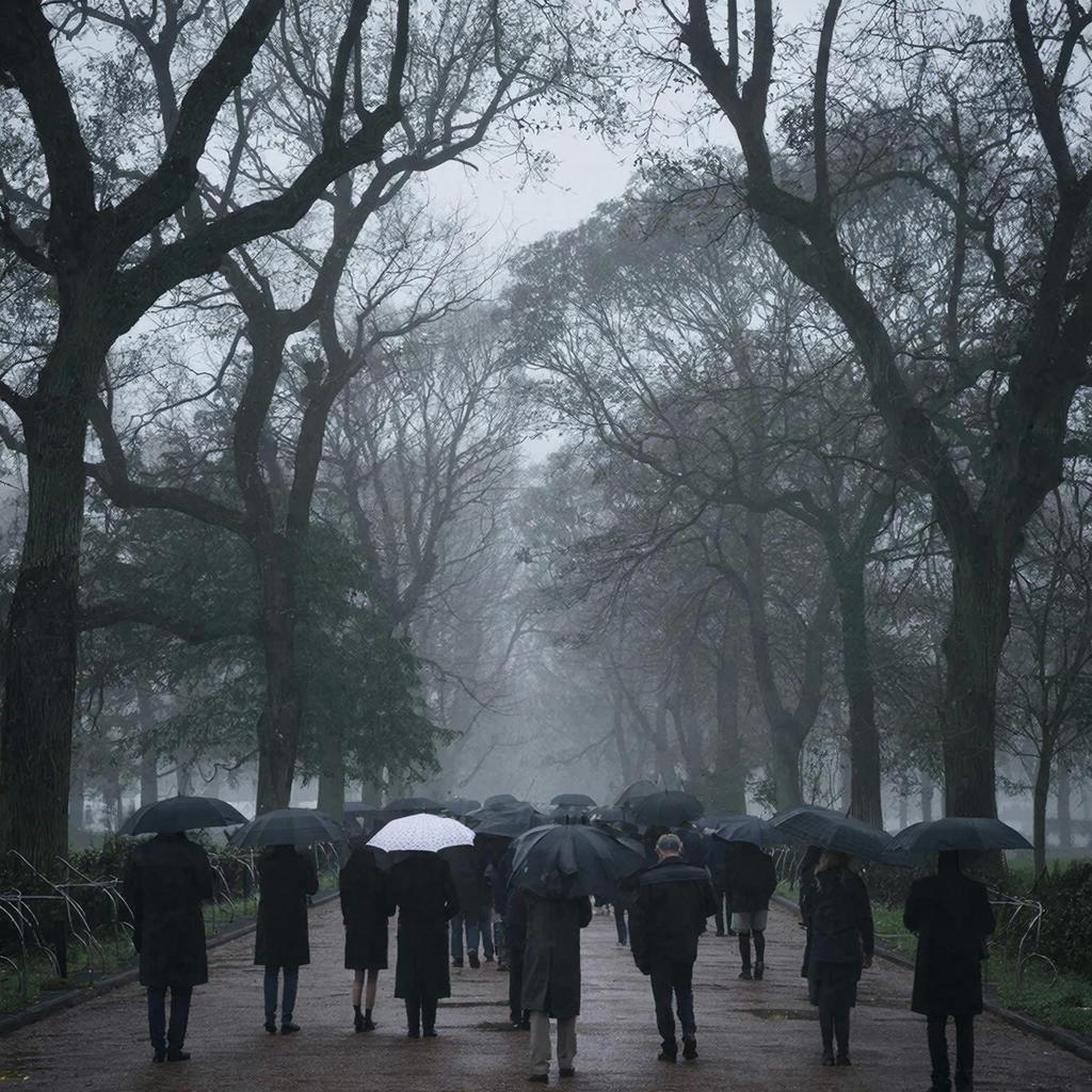 Траурная процессия в туманном парке как символ перехода