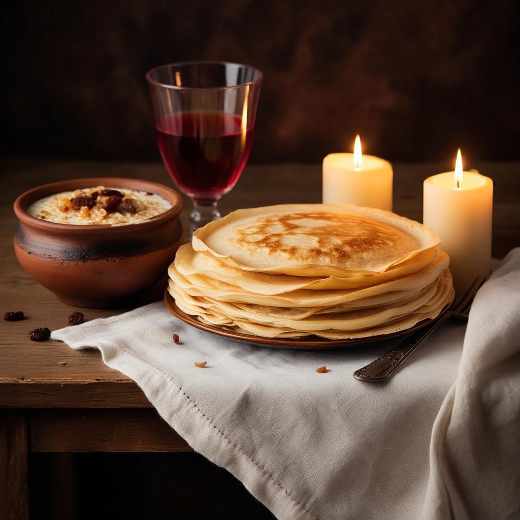 Традиционные поминальные блюда кутья и блины на столе