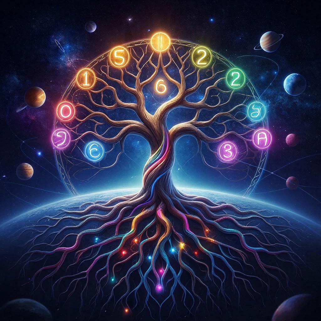 Древо Сефирот с числовыми значениями и планетами