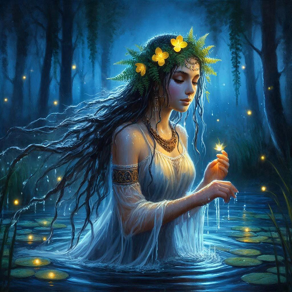 Облик славянской богини Купальницы в ночном лесу у воды