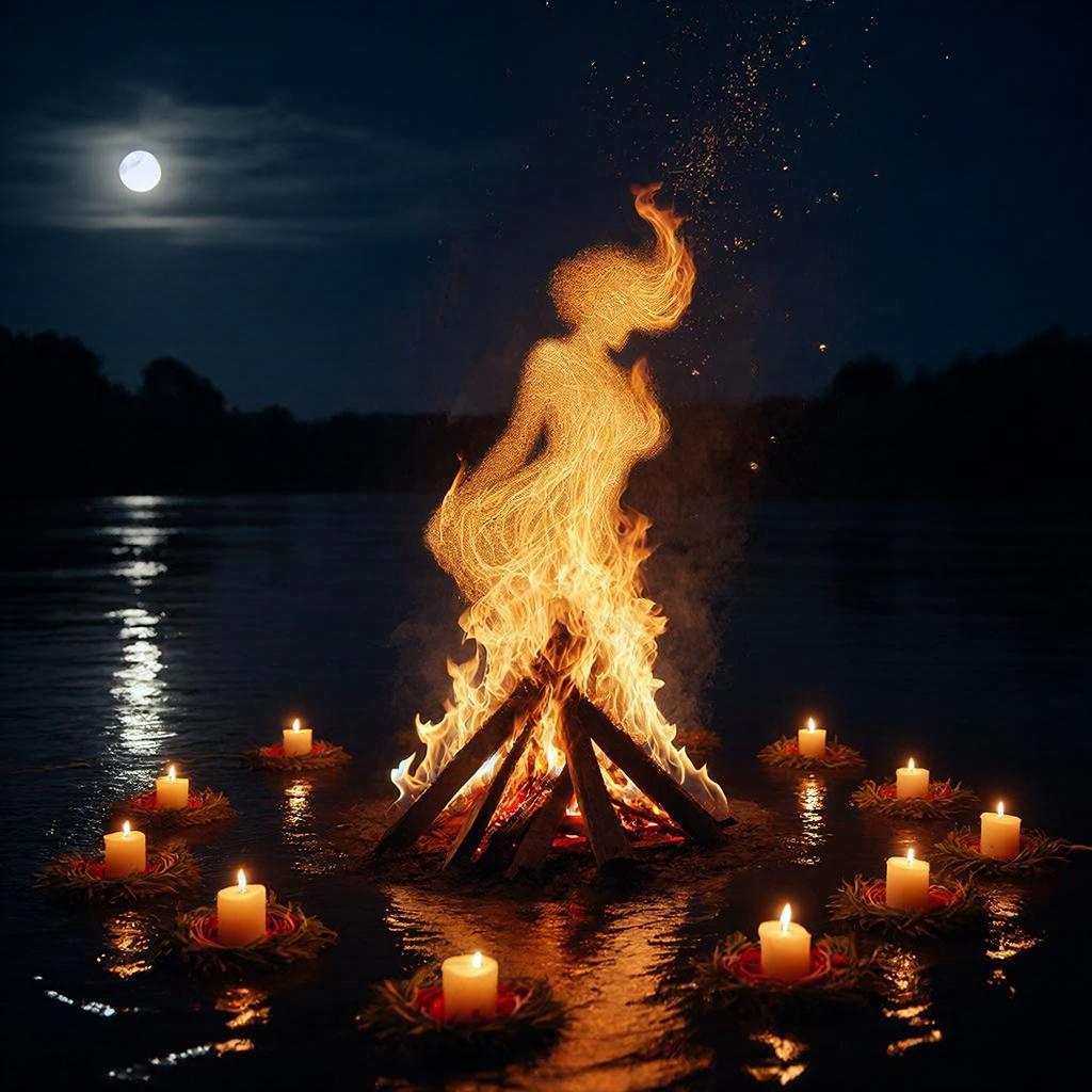 Ритуал очищения огнем и водой на берегу ночной реки