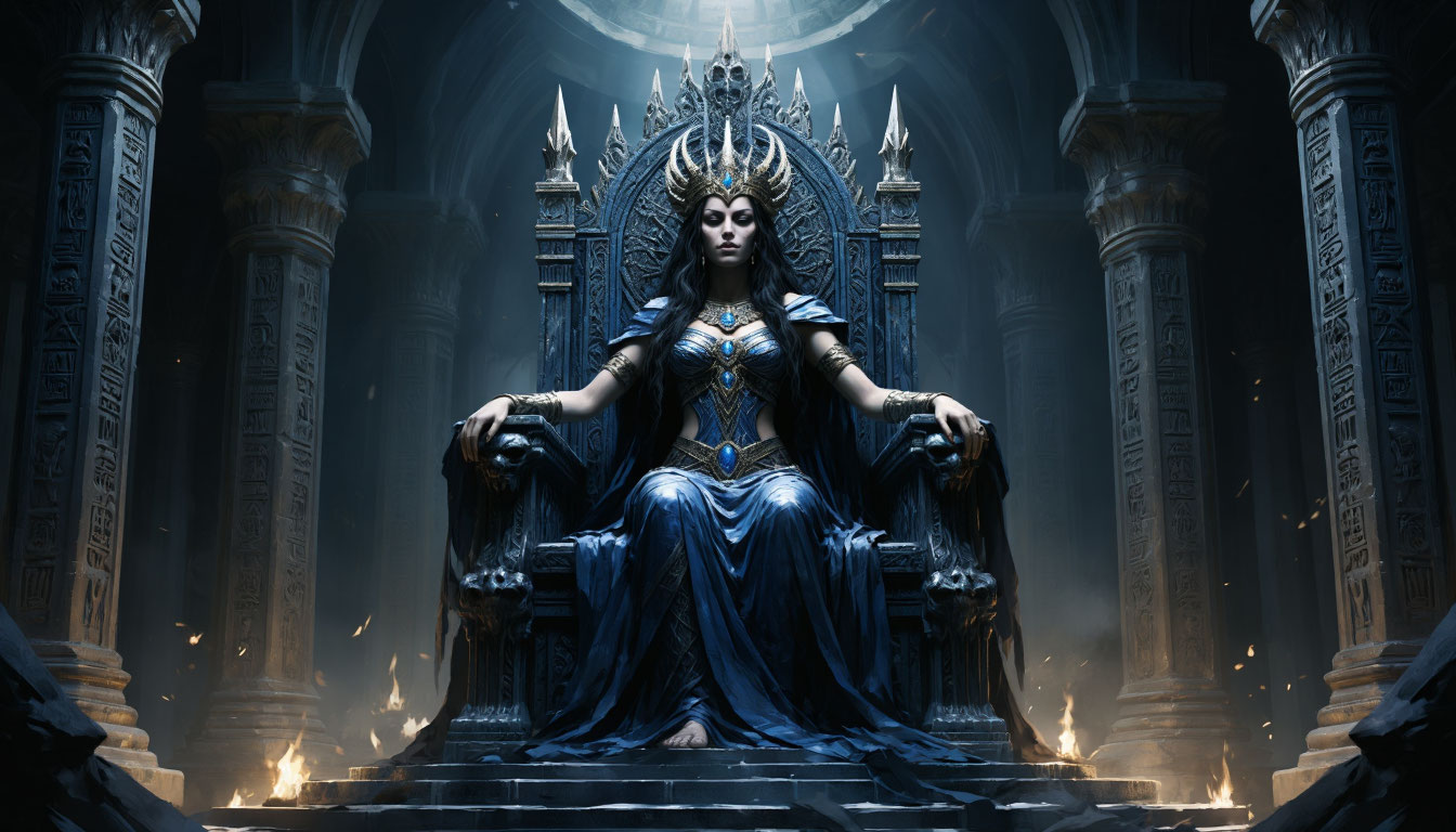 Богиня Эрешкигаль на троне в подземном царстве Кур.