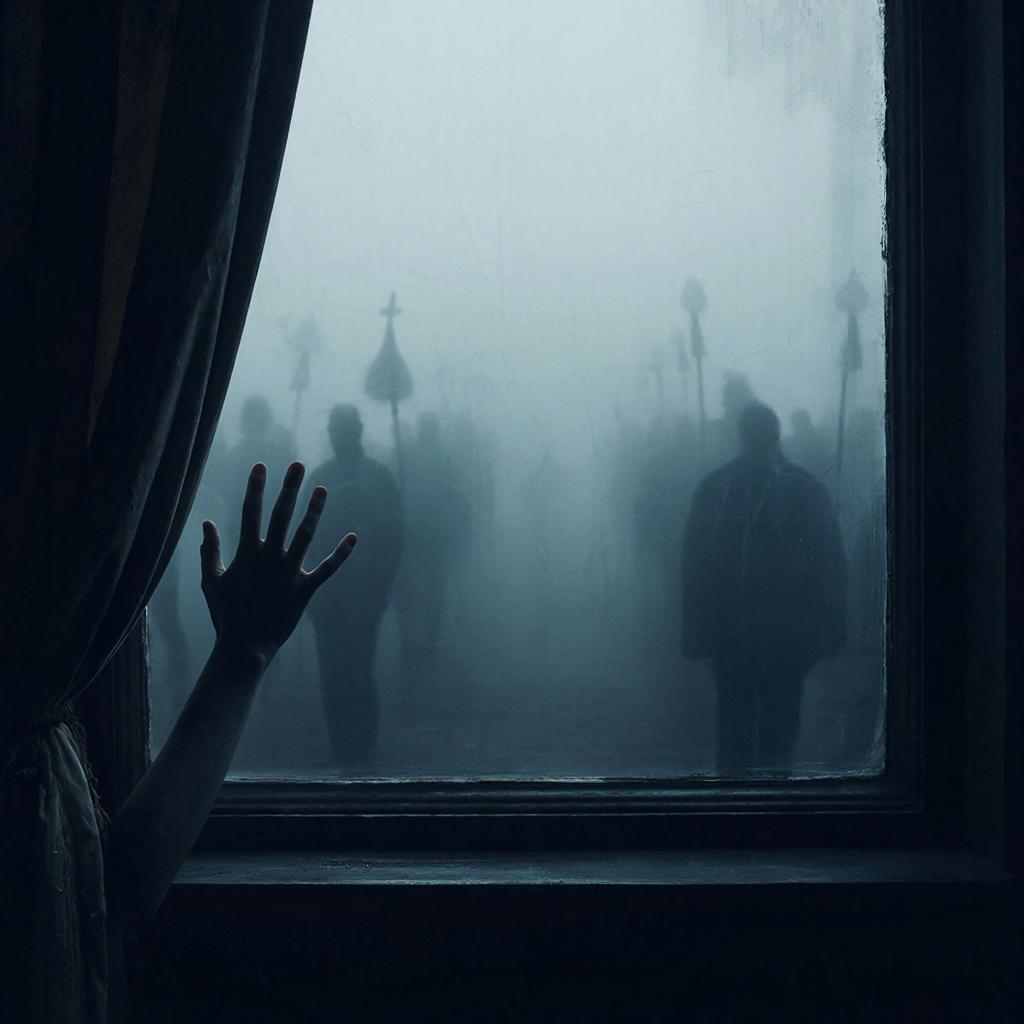 Задернутые шторы и вид из окна на похоронную процессию в тумане