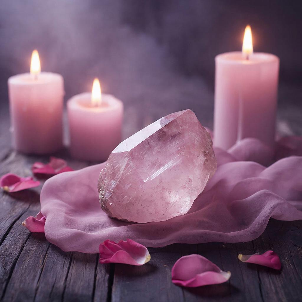 Розовый кварц и свечи для ритуала на любовь